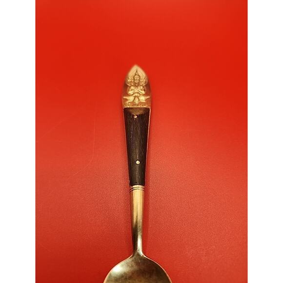 Vtg Siam Sitting Buddah Brass Sugar Spoon Teaspoon with Wood Handle 6.5" Retro - Picture 5 of 6